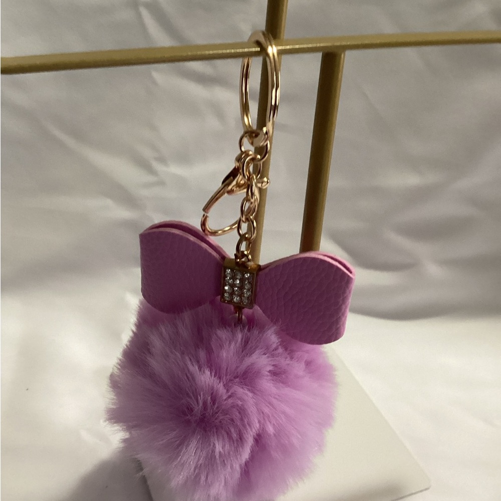 Purple Fluffy Pom Pom Keychain with Bow